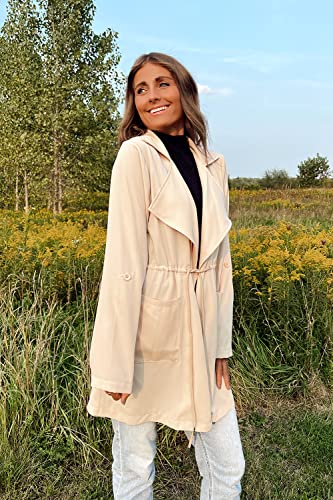Women's Casual Lightweight Jackets Long Sleeve Drawstring Waist Lapel Trench Coat Outwear with Pockets