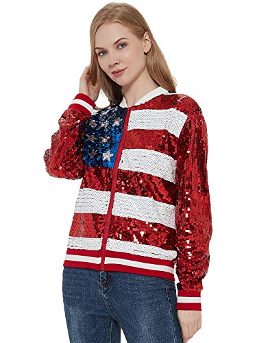Womens Sequin Long Sleeve Front Zip Jacket with Ribbed Cuffs, Gold, Small