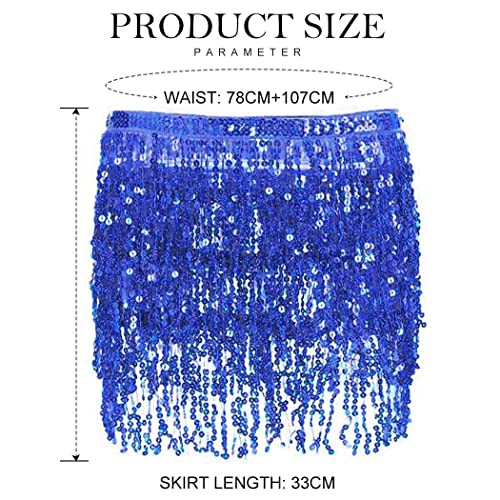 Belly Dance Hip Skirt Tassel Scarf Sequin Wrap Rave Costume for Women (Blue)