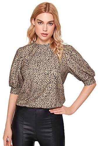 Women's Puff Sleeve Leopard Print Work Blouse Casual Hight Neck Top Leopard