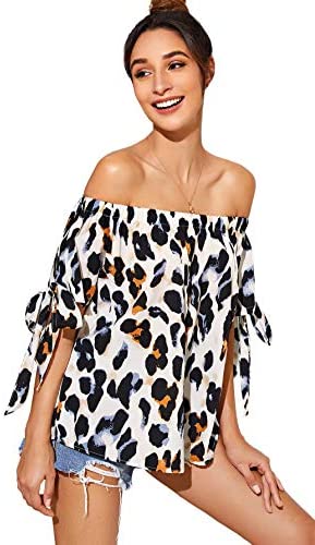 Women's Off Shoulder Slit Sleeve Tie Cuff Blouse Top Multicoloured