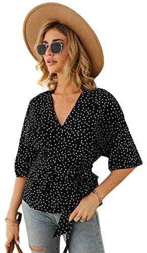 Women's Casual Polka-Dot 3/4 Sleeve V-Neck Blouse Tie Waist Pullover Top