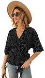 Women's Casual Polka-Dot 3/4 Sleeve V-Neck Blouse Tie Waist Pullover Top