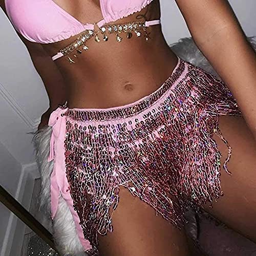 Belly Dance Hip Skirt Tassel Scarf Sequin Wrap Rave Costume for Women (Blue)