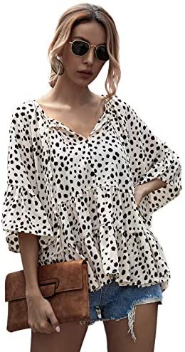 Women's Casual V Neck Flounce 3/4 Sleeve Top Ruffle Loose Blouse