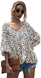Women's Casual V Neck Flounce 3/4 Sleeve Top Ruffle Loose Blouse