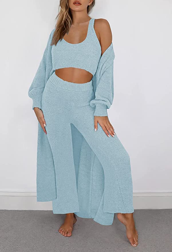 Womens Fuzzy Fleece 3 Piece Pajama Set Tank Crop Tops Pants Open Front Cardigan Lounge Outfit Light Blue S