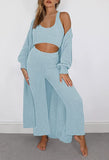 Womens Fuzzy Fleece 3 Piece Pajama Set Tank Crop Tops Pants Open Front Cardigan Lounge Outfit Light Blue S