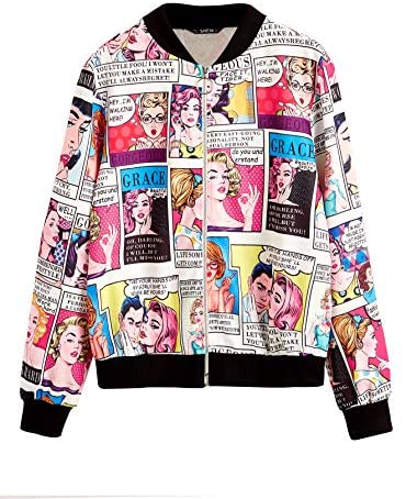 Women's Fashion Long Sleeve Comic Print Crop Bomber Zipper Jacket