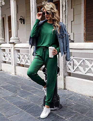 Women's Long Sleeve Loungewear Crewneck Pullover Tops Long Pants Sweatsuits Tracksuits with Pockets Army Green