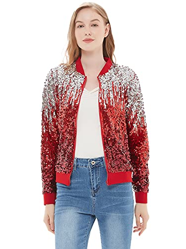Womens Sequin Long Sleeve Front Zip Jacket with Ribbed Cuffs, Gold, Small