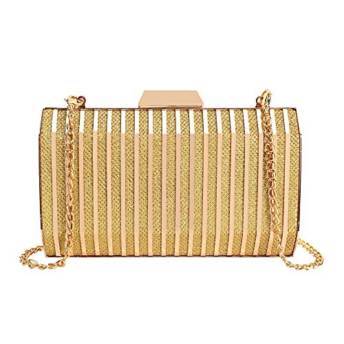 Women Lattice Pattern Metal Handbag Chain Geometric Evening Clutch Purse, Gold