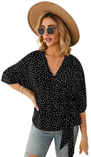 Women's Casual Polka-Dot 3/4 Sleeve V-Neck Blouse Tie Waist Pullover Top