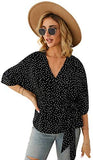 Women's Casual Polka-Dot 3/4 Sleeve V-Neck Blouse Tie Waist Pullover Top