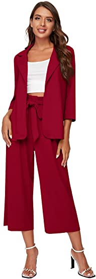 Women's 2 Piece Outfit Notched Neck 3/4 Sleeve Blazer and Wide Leg Belted Pants Set