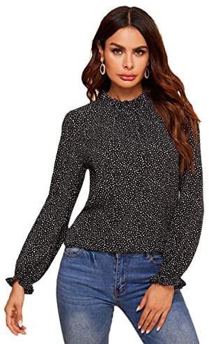Women's Casual Mock Neck Long Sleeve Dalmatian Print Ruffle Trim Blouse Tops Shirts Black