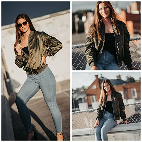 Womens Casual Jackets Long Sleeve Lightweight Fall Satin Bomber Jacket Zip Up Biker Windbreaker Coat with Pockets