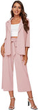 Women's 2 Piece Outfit Notched Neck 3/4 Sleeve Blazer and Wide Leg Belted Pants Set