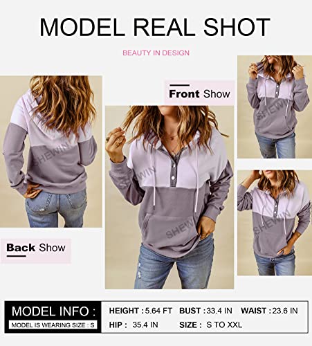 Womens Casual Hoodies Long Sleeve Drawstring Lightweight Solid Hooded Sweatshirt Button Loose Pullover Tops Fall Clothes with Pocket