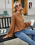 Women's Chunky Sweater Crewneck Sweatshirt Knit Lantern Sleeve Oversized Pullover Sweater with Pearls (Large, Grey)