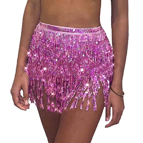 Belly Dance Hip Skirt Tassel Scarf Sequin Wrap Rave Costume for Women (Blue)