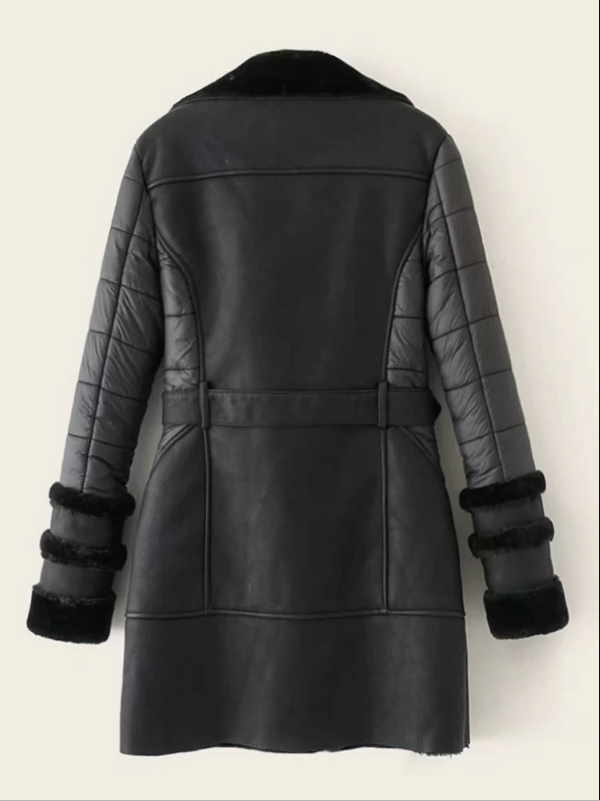 Self Tie Faux Fur Lined PU Leather Coat