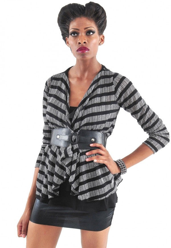 Stripe Ruffle Belted Cardigan