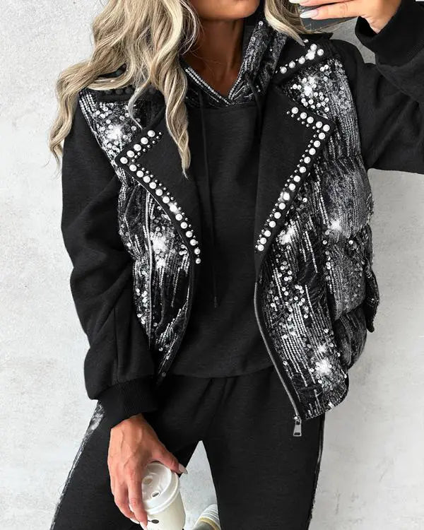 Contrast Sequin Pearls Decor Vest Puffer Coat