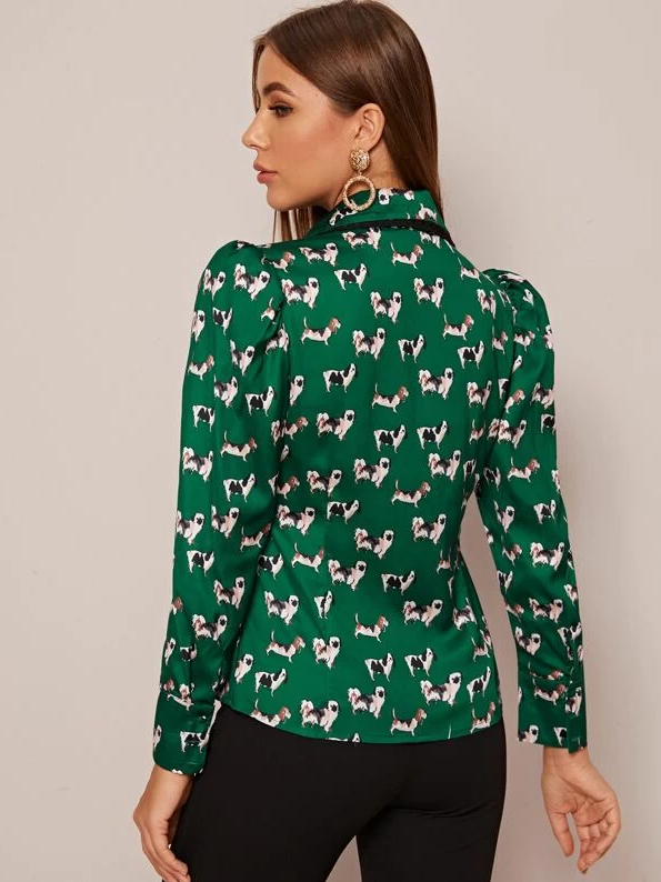 Tie Neck Allover Dog Print Blouse