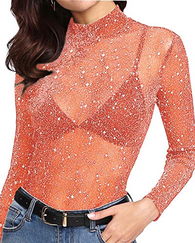 Women's Long Sleeve Short Sleeve Glitter Sheer Mesh Tops T Shirt Blouse Clubwear