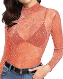 Women's Long Sleeve Short Sleeve Glitter Sheer Mesh Tops T Shirt Blouse Clubwear