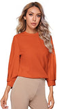 Women's 3/4 Long Sleeve Casual Office Blouse for Work Round Neck Top Plain Shirt