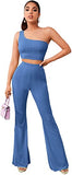Women's 2 Piece Pants Outfits One Shoulder Crop Tank Top and Flare Pant Set