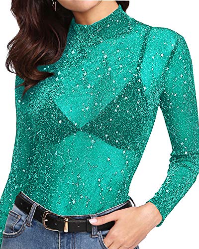 Women's Long Sleeve Short Sleeve Glitter Sheer Mesh Tops T Shirt Blouse Clubwear