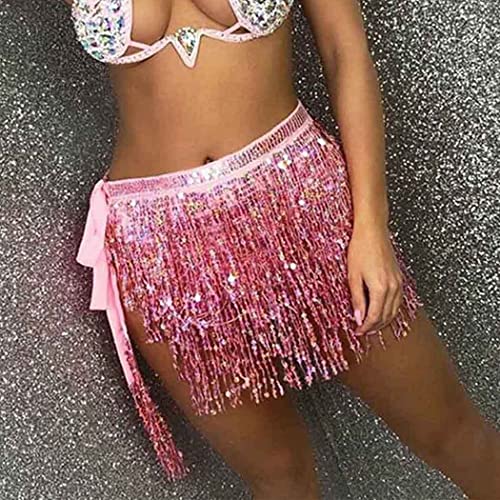 Belly Dance Hip Skirt Tassel Scarf Sequin Wrap Rave Costume for Women (Blue)