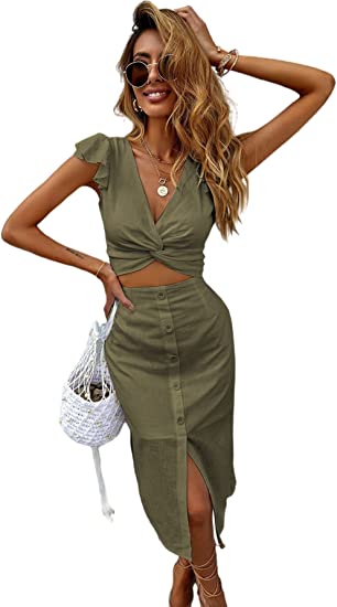 Women's Twist Plunging Neck Ruffle Crop Blouse Top 2 Pieces Midi Skirt Set