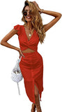 Women's Twist Plunging Neck Ruffle Crop Blouse Top 2 Pieces Midi Skirt Set