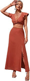 Women's Twist Plunging Neck Ruffle Crop Blouse Top 2 Pieces Midi Skirt Set