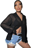 Women's Sheer Button Down Top Long Sleeve Collar Drop Shoulder Blouse Shirt