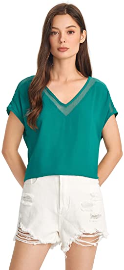 Women's Polka Dots Contrast Mesh Batwing Short Sleeve Shirt Blouse Top