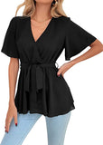 Women's Flare Short Sleeve Wrap Peplum Blouse V Neck Belted Solid Top Shirts