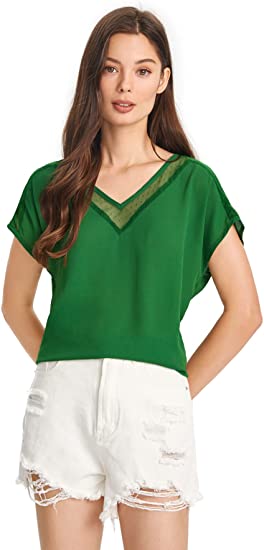 Women's Polka Dots Contrast Mesh Batwing Short Sleeve Shirt Blouse Top