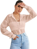 Women's Sheer Button Down Top Long Sleeve Collar Drop Shoulder Blouse Shirt