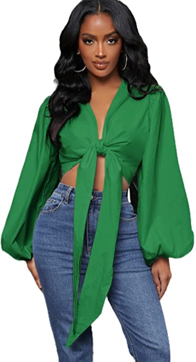 Women's Long Sleeve Solid Blouse Bow Tie Plunging V Neck Bishop Sleeve Top