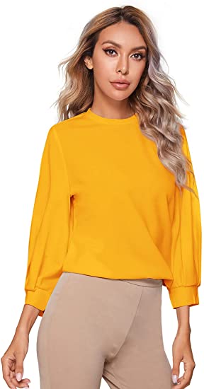 Women's 3/4 Long Sleeve Casual Office Blouse for Work Round Neck Top Plain Shirt