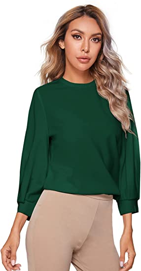 Women's 3/4 Long Sleeve Casual Office Blouse for Work Round Neck Top Plain Shirt