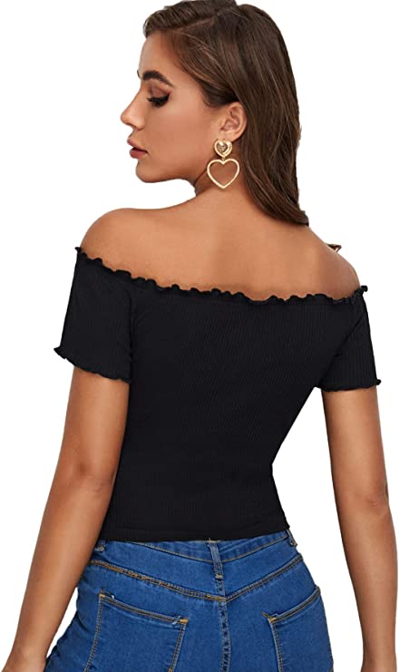 Women's Off Shoulder Crop Tee Top Short Sleeve Notch Neck Ribbed Knit T Shirt