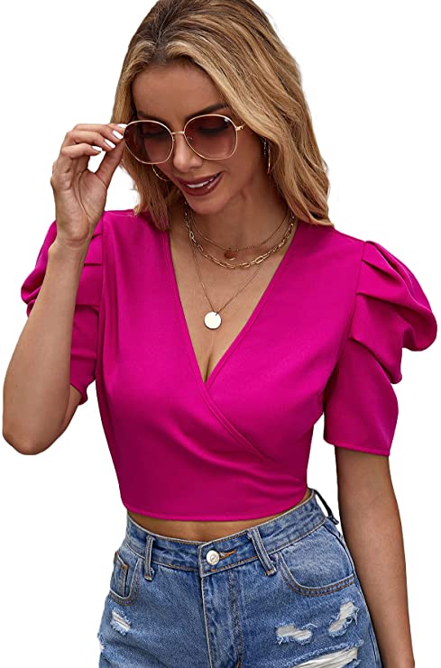 Women's Short Puff Sleeve V Neck Wrap Tie Back Crop Top Plain Work Blouse