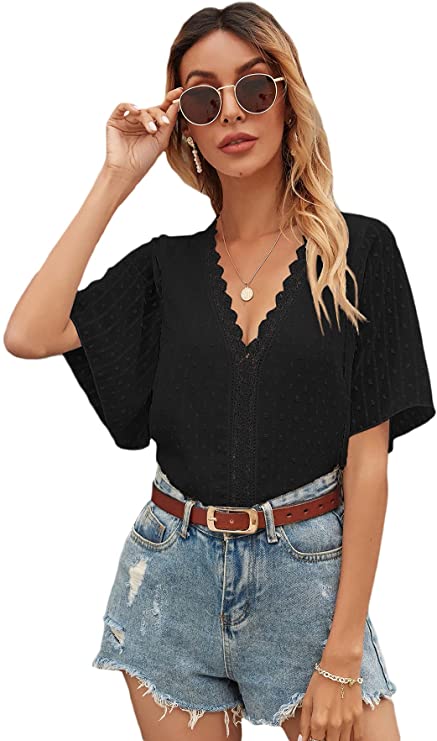 Women's Short Sleeve V Neck Summer Lace Tops Swiss Dots Casual Blouses Tee Shirts