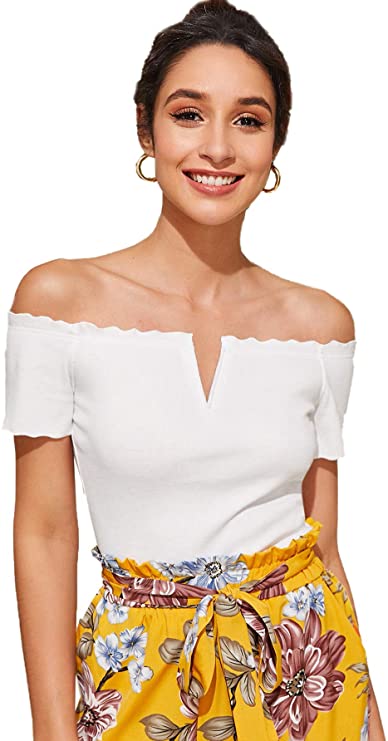 Women's Off Shoulder Crop Tee Top Short Sleeve Notch Neck Ribbed Knit T Shirt